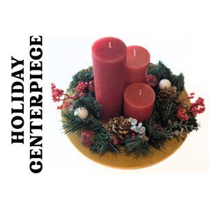Christmas Centerpiece 3 Red Pillar Candles Pine Berry Wreath Gold Plate